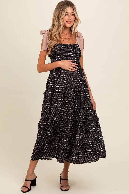 90s - inspired grunge midi dress with a casual and edgy lookBlack Floral Print Contrast Shoulder Tie Tiered Maternity Midi Dress 90s - inspired grunge midi dress with a casual and edgy lookBlack Floral Print Contrast Shoulder Tie Tiered Maternity Midi Dress
