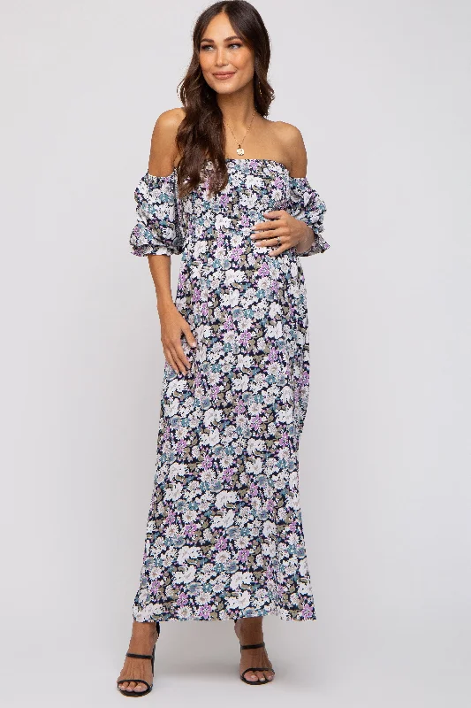 "Off - shoulder dresses for women to show off collarbones"Black Floral Print Off Shoulder Smocked Maternity Maxi Dress "Off - shoulder dresses for women to show off collarbones"Black Floral Print Off Shoulder Smocked Maternity Maxi Dress
