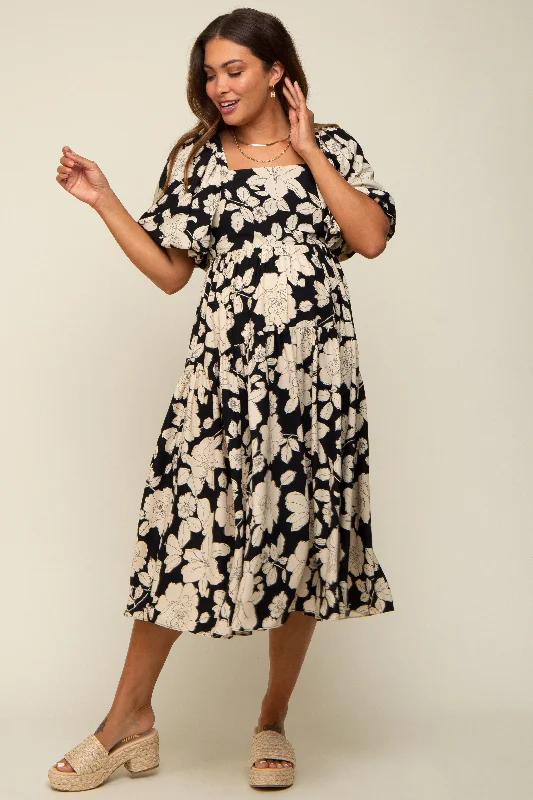 "Comfortable maternity dresses for pregnant women"Black Floral Puff Sleeve Tiered Maternity Dress "Comfortable maternity dresses for pregnant women"Black Floral Puff Sleeve Tiered Maternity Dress