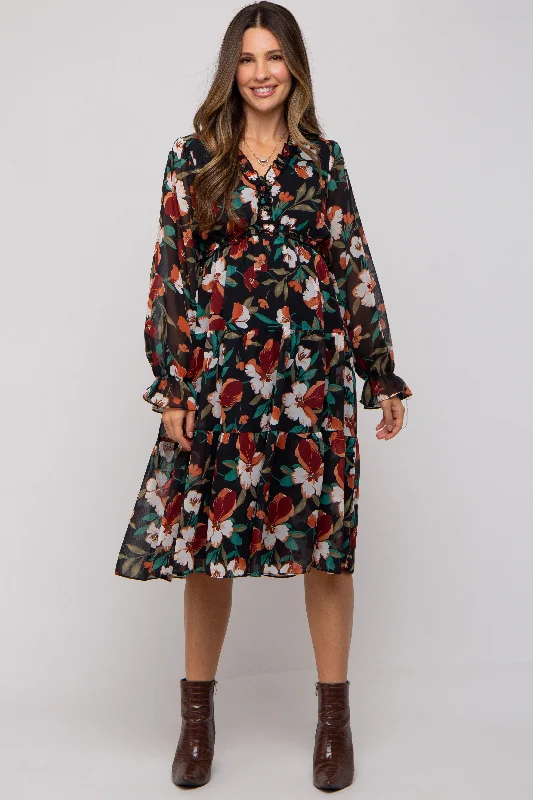 "Smart casual dresses for women for work - to - weekend transitions"Black Floral Ruffle V-Neck Maternity Dress "Smart casual dresses for women for work - to - weekend transitions"Black Floral Ruffle V-Neck Maternity Dress