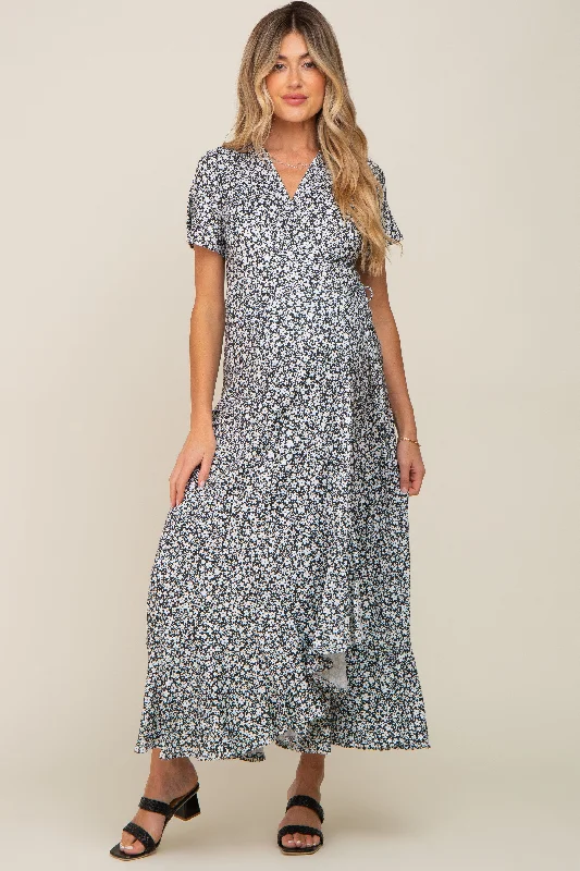 "Boho wedding dresses for women for a free - spirited vibe"Black Floral Short Sleeve Maternity Wrap Maxi Dress "Boho wedding dresses for women for a free - spirited vibe"Black Floral Short Sleeve Maternity Wrap Maxi Dress