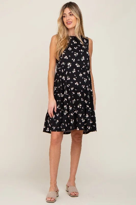 "Plus size formal dresses for women for special events"Black Floral Sleeveless Tiered Maternity Dress "Plus size formal dresses for women for special events"Black Floral Sleeveless Tiered Maternity Dress