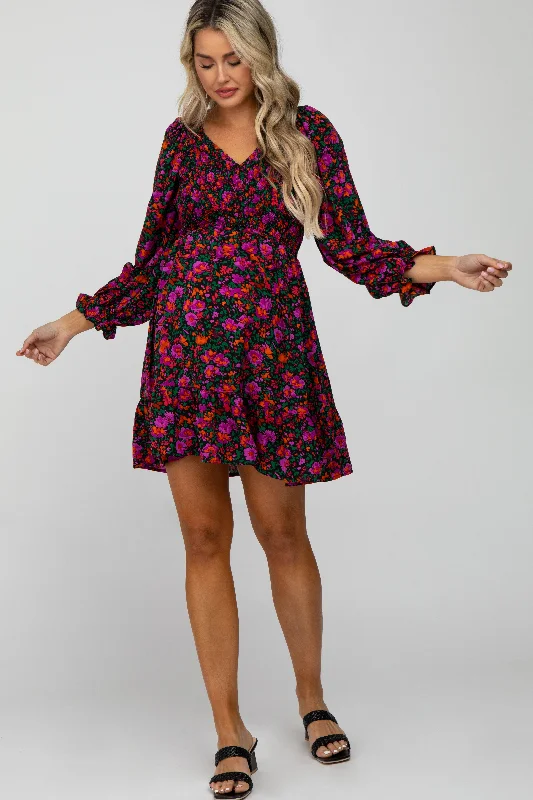 Clearance Sale: Women's Dresses Black Floral Smocked Front Ruffle Trim Maternity Dress