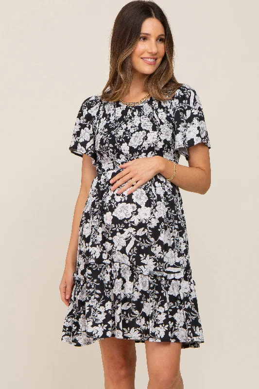 "Seasonal Sale: Save Big on Women's Dresses for Every Occasion"Black Floral Smocked Gathered Tier Maternity Dress "Seasonal Sale: Save Big on Women's Dresses for Every Occasion"Black Floral Smocked Gathered Tier Maternity Dress