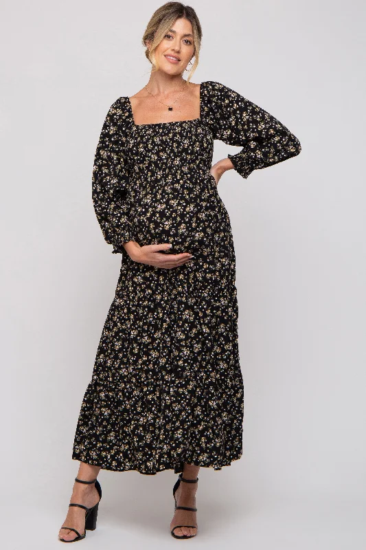 "Affordable plus size women's summer dresses"Black Floral Smocked Long Sleeve Maternity Maxi Dress "Affordable plus size women's summer dresses"Black Floral Smocked Long Sleeve Maternity Maxi Dress