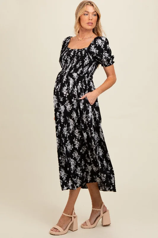 Vintage - inspired 50s midi dress with a classic silhouetteBlack Floral Smocked Sweetheart Neckline Maternity Midi Dress Vintage - inspired 50s midi dress with a classic silhouetteBlack Floral Smocked Sweetheart Neckline Maternity Midi Dress
