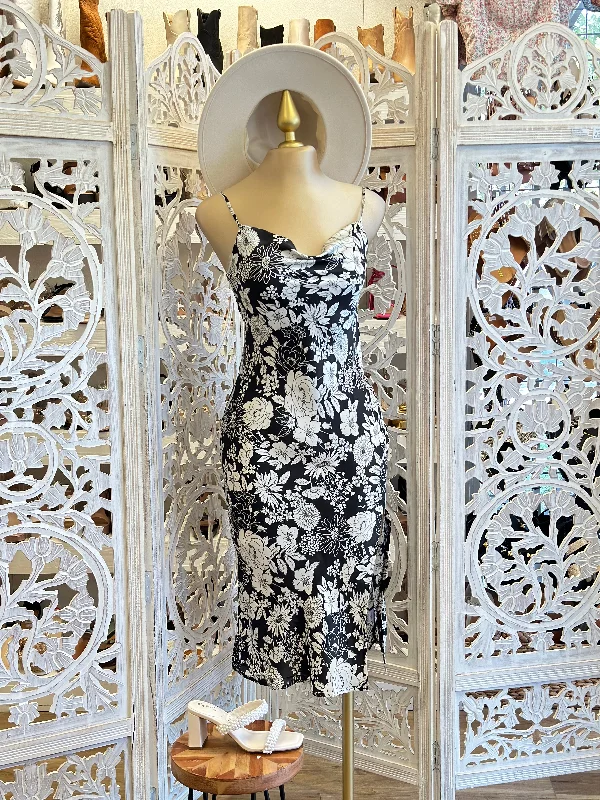 Designer - brand midi dress with a high - end labelBlack Flower Cowl Neck Midi Dress