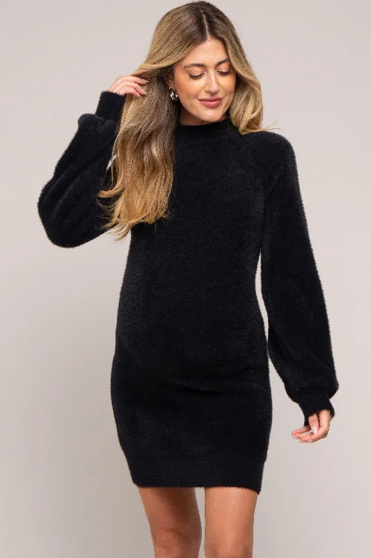 "Polka dot dresses for women with a retro vibe"Black Fuzzy Knit Puff Sleeve Maternity Sweater Dress "Polka dot dresses for women with a retro vibe"Black Fuzzy Knit Puff Sleeve Maternity Sweater Dress
