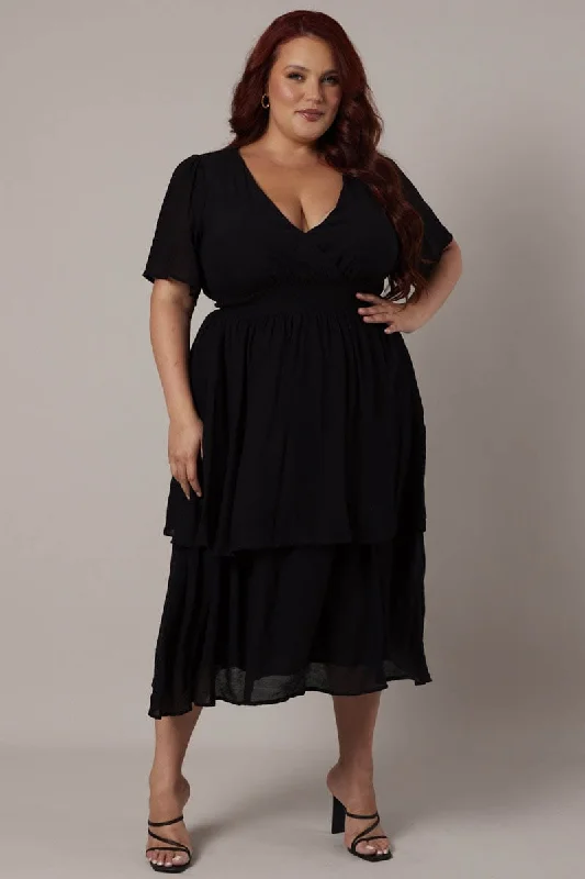 Midi dress for a dance party to show off your movesBlack Midi Dress Crossover Bust Flare Sleeve