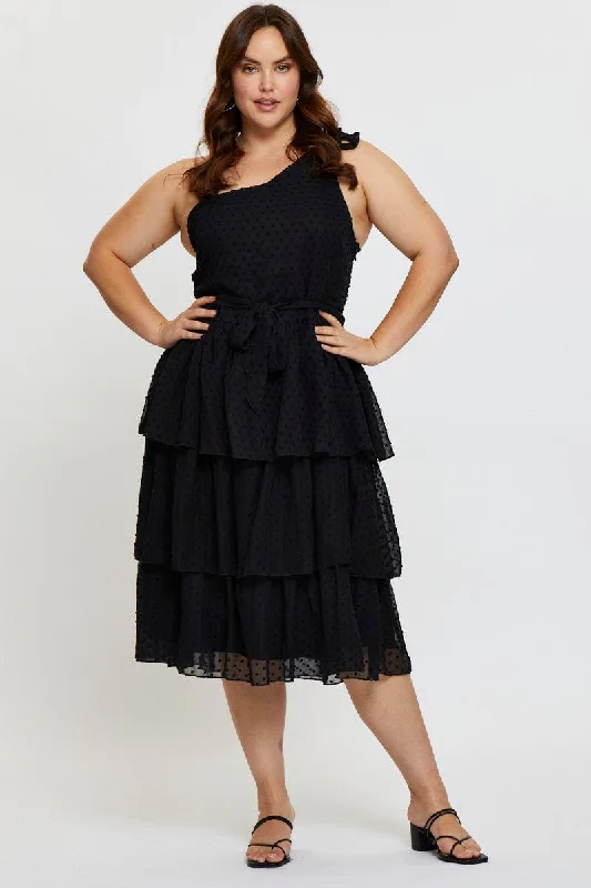 Vintage - inspired 50s midi dress with a classic silhouetteBlack Midi Dress One Shoulder Sleeveless