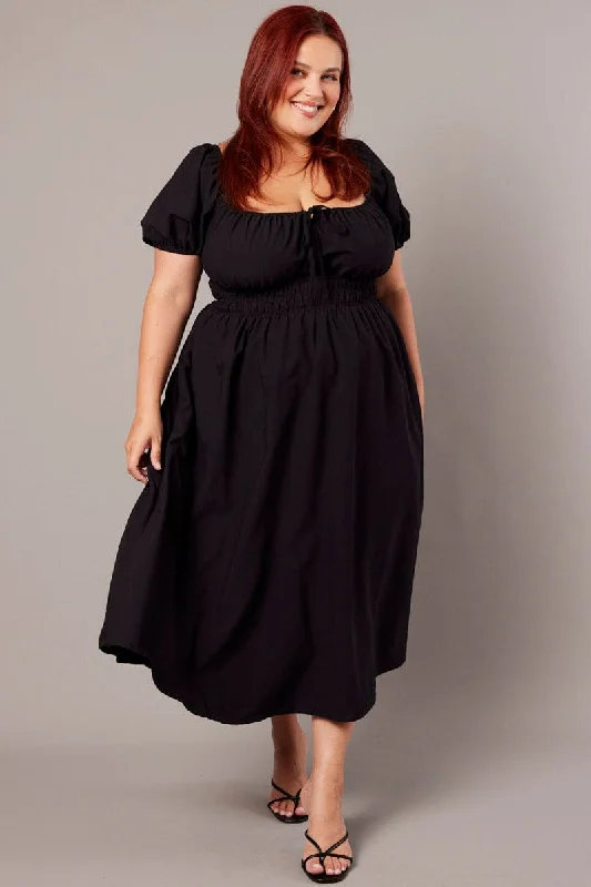 Midi dress for a yoga class with a flexible and breathable fabricBlack Midi Dress Short Sleeve Ruched Bust