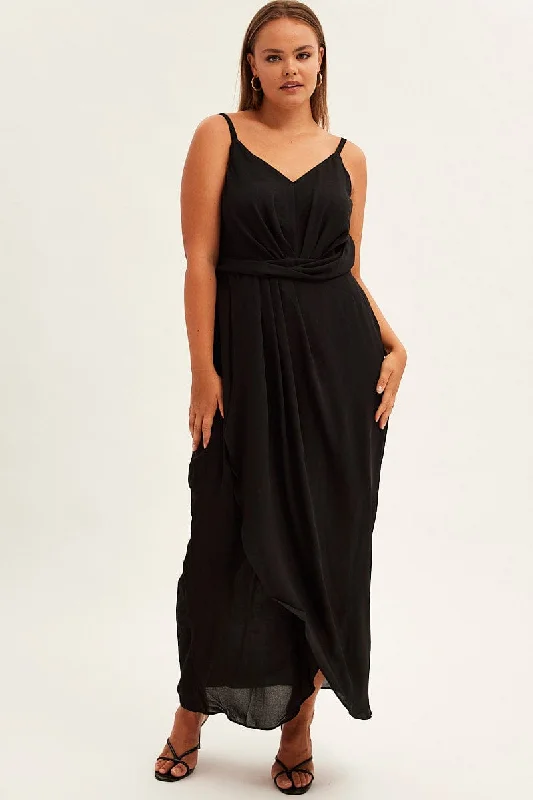 Satin midi dress for a smooth and shiny finishBlack Midi Dress Strappy Sleeveless Chiffon Draped
