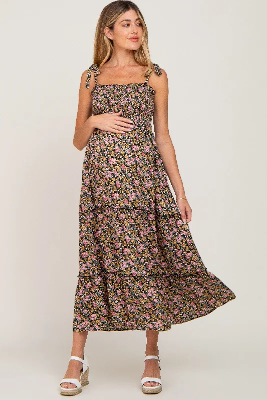 "Trendy casual dresses for women to wear at the beach"Black Multi-Color Floral Sleeveless Tiered Maternity Maxi Dress