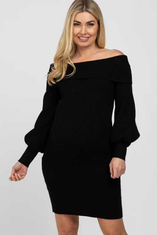 "Polka dot dresses for women with a retro vibe"Black Off Shoulder Bubble Sleeve Maternity Sweater Dress "Polka dot dresses for women with a retro vibe"Black Off Shoulder Bubble Sleeve Maternity Sweater Dress