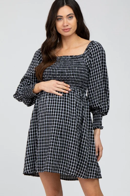 "Mother of the bride dresses for women in elegant styles"Black Plaid Smocked Maternity Dress