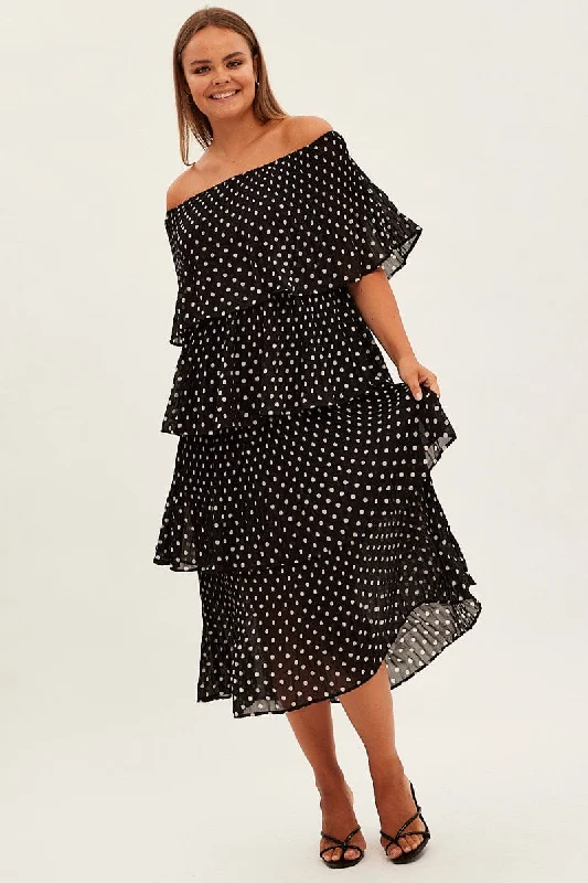 Elastic - waist midi dress for maximum comfort and flexibilityBlack Polka Dot Midi Dress Off Shoulder Pleated Elastic - waist midi dress for maximum comfort and flexibilityBlack Polka Dot Midi Dress Off Shoulder Pleated
