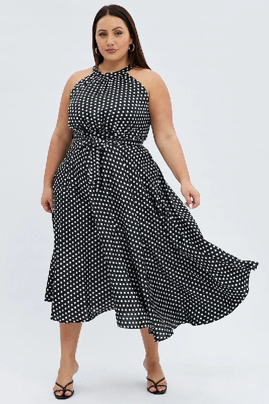 Velvet midi dress for a luxurious and soft feelBlack Polka Dot Midi Dress Sleeveless High Neck Satin