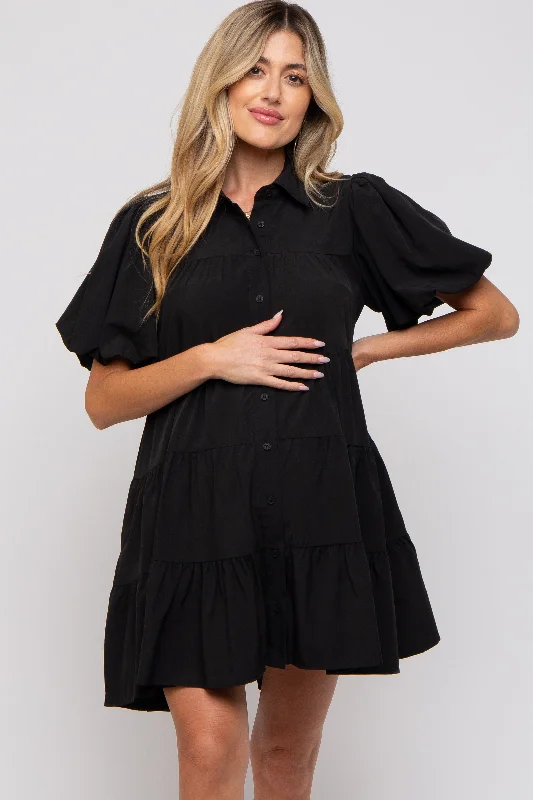 "Midi dresses for women with unique patterns"Black Puff Sleeve Maternity Mini Shirt Dress "Midi dresses for women with unique patterns"Black Puff Sleeve Maternity Mini Shirt Dress
