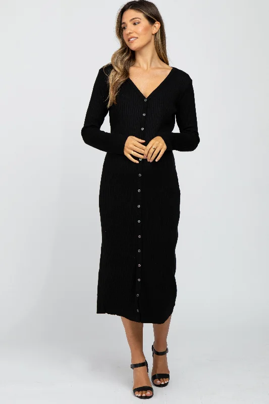 "Beach wedding dresses for women for a laid - back ceremony"Black Ribbed Button Front Midi Cardigan Maternity Dress "Beach wedding dresses for women for a laid - back ceremony"Black Ribbed Button Front Midi Cardigan Maternity Dress