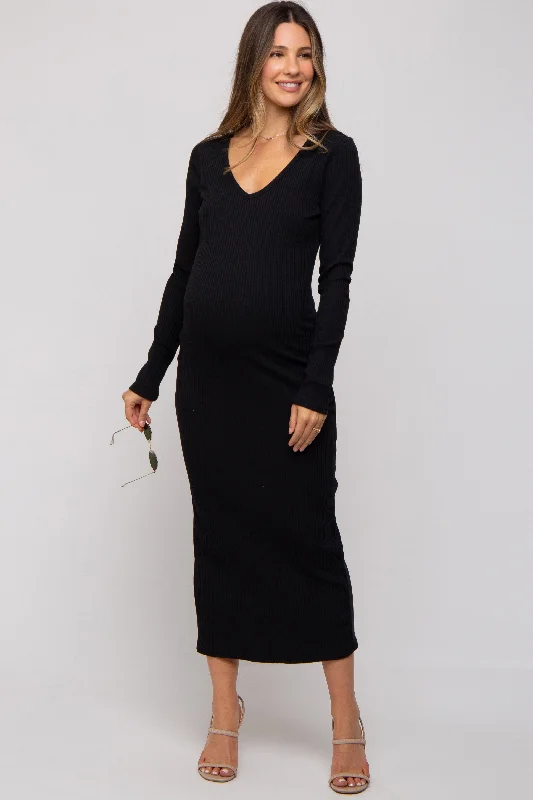 "T - shirt dresses for women for ultimate comfort"Black Ribbed Long Sleeve Maternity Maxi Dress