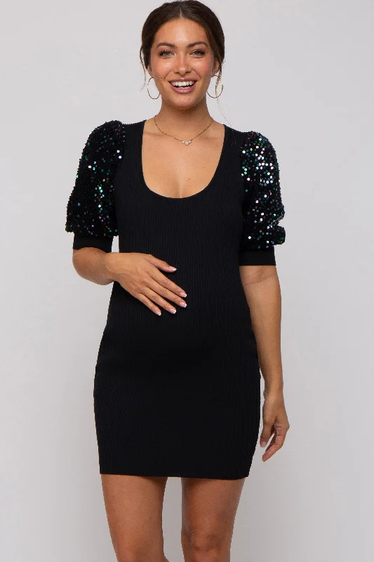 "Black dresses for women for a classic and timeless appearance"Black Ribbed Sequin Puff Sleeve Maternity Dress "Black dresses for women for a classic and timeless appearance"Black Ribbed Sequin Puff Sleeve Maternity Dress