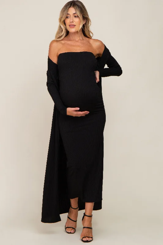 "Polka dot dresses for women with a retro vibe"Black Ribbed Sleeveless Dress Cardigan Maternity Set "Polka dot dresses for women with a retro vibe"Black Ribbed Sleeveless Dress Cardigan Maternity Set