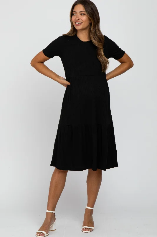 "A - line dresses for women to flatter the figure"Black Ribbed Tiered Maternity Dress "A - line dresses for women to flatter the figure"Black Ribbed Tiered Maternity Dress