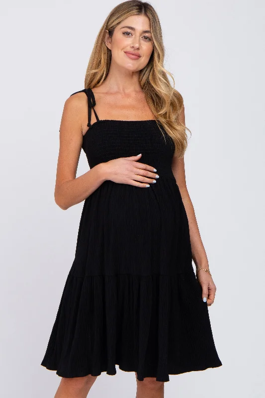 "Denim dresses for women for a casual and cool style"Black Smocked Shoulder Tie Maternity Dress "Denim dresses for women for a casual and cool style"Black Smocked Shoulder Tie Maternity Dress
