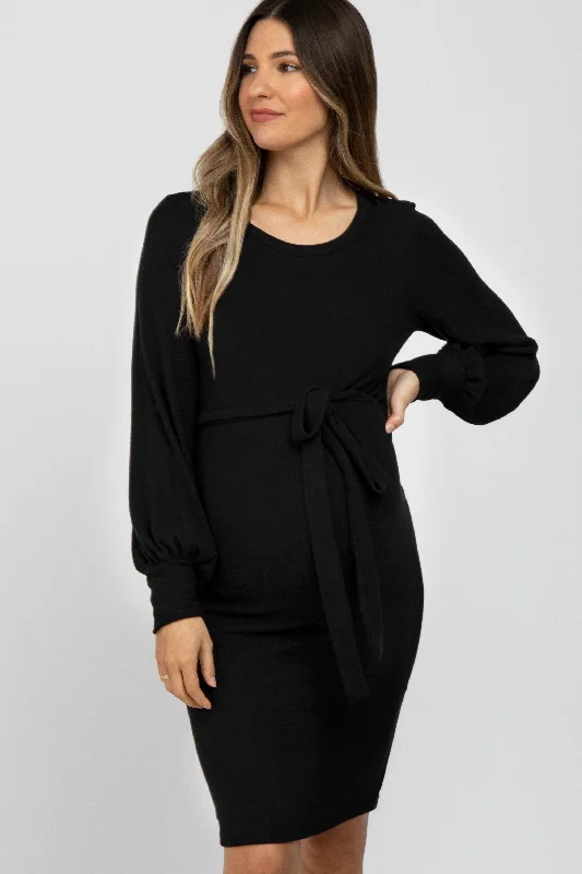 "Striped dresses for women with a classic touch"Black Soft Brushed Waist Tie Bubble Sleeve Maternity Dress "Striped dresses for women with a classic touch"Black Soft Brushed Waist Tie Bubble Sleeve Maternity Dress
