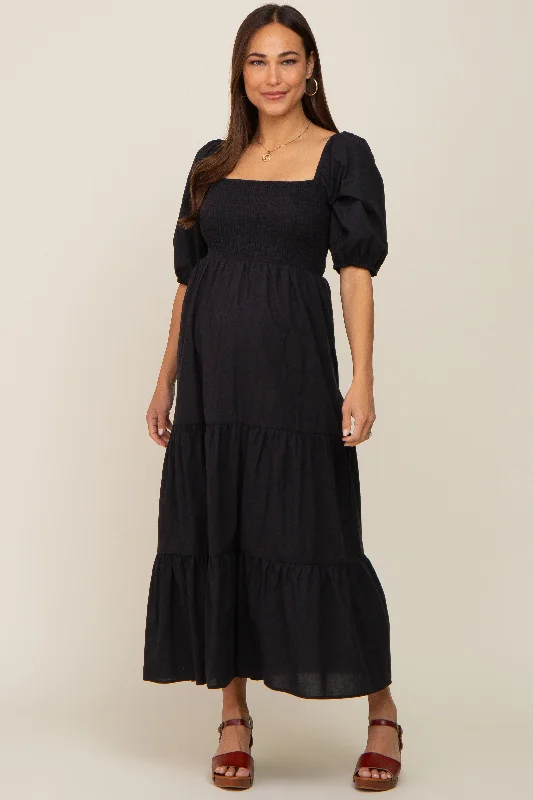 "Bohemian - style women's dresses for music festivals"Black Square Neck Smocked Tiered Maternity Maxi Dress "Bohemian - style women's dresses for music festivals"Black Square Neck Smocked Tiered Maternity Maxi Dress
