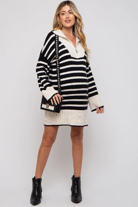 "Off - shoulder dresses for women to show off collarbones"Black Striped Zipper Front Collared Maternity Sweater Dress "Off - shoulder dresses for women to show off collarbones"Black Striped Zipper Front Collared Maternity Sweater Dress