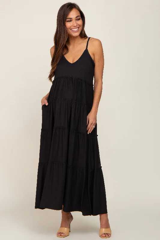 "Vintage - look women's dresses for a retro charm"Black Tiered Sleeveless Maternity Maxi Dress "Vintage - look women's dresses for a retro charm"Black Tiered Sleeveless Maternity Maxi Dress
