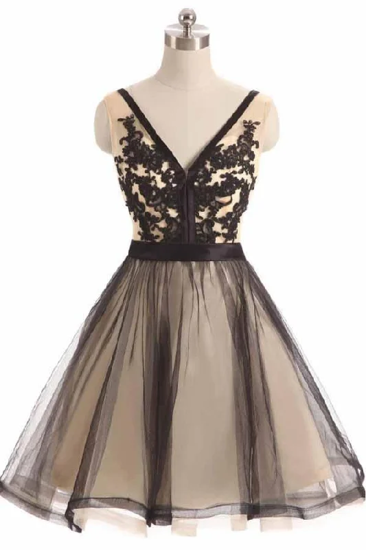Backless Party Dresses with Rhinestone Embellishments for Ladies' Sexy LookBlack Tulle Lace V-neck Short Prom Dress Homecoming Dresses PD067 Backless Party Dresses with Rhinestone Embellishments for Ladies' Sexy LookBlack Tulle Lace V-neck Short Prom Dress Homecoming Dresses PD067