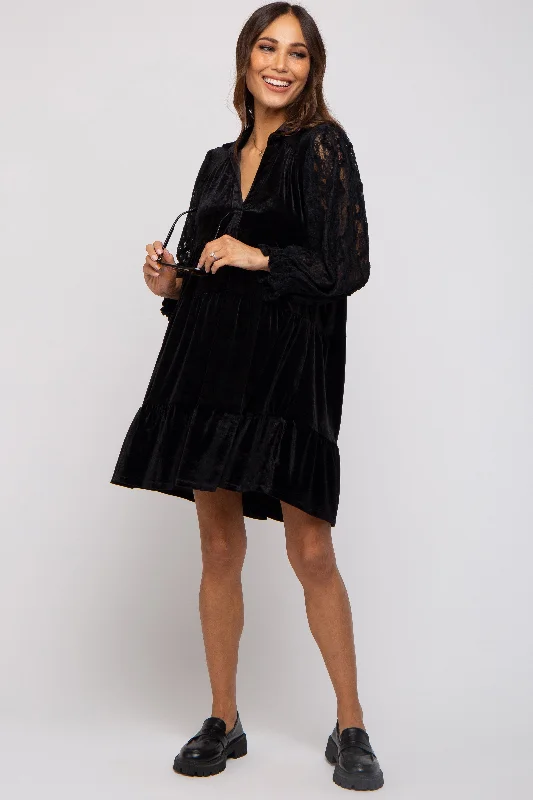 "Satin dresses for women for a luxurious appearance"Black Velvet Lace Sleeve Collared Tiered Maternity Dress "Satin dresses for women for a luxurious appearance"Black Velvet Lace Sleeve Collared Tiered Maternity Dress