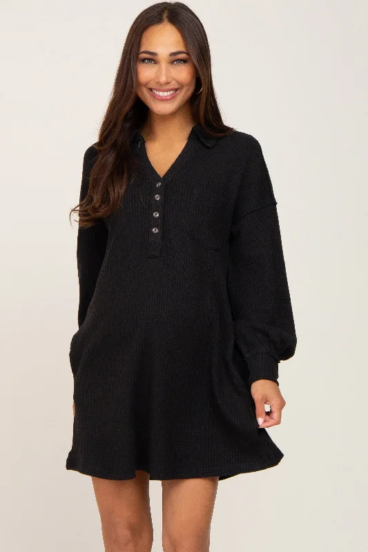 "Black dresses for women for a classic and timeless appearance"Black Waffle Knit Collared Long Sleeve Maternity Dress "Black dresses for women for a classic and timeless appearance"Black Waffle Knit Collared Long Sleeve Maternity Dress