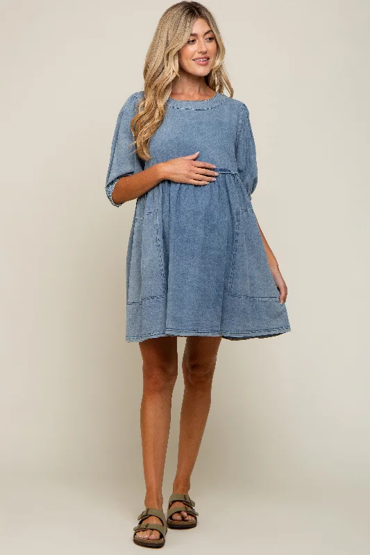 "Boho wedding dresses for women for a free - spirited vibe"Blue Faded Denim Chambray Maternity Mini Dress "Boho wedding dresses for women for a free - spirited vibe"Blue Faded Denim Chambray Maternity Mini Dress