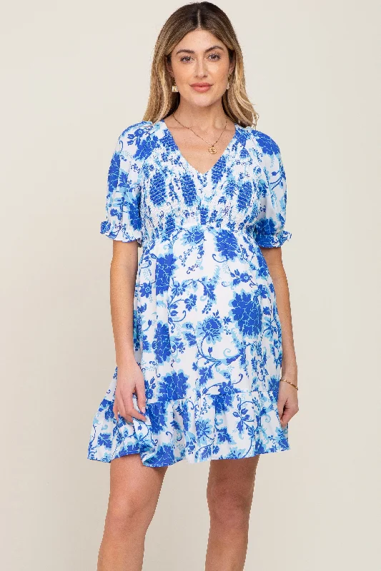 "Limited - Time Offer: Up to 50% Off on Women's Dresses!"Blue Floral Smocked Puff Sleeve Maternity Dress "Limited - Time Offer: Up to 50% Off on Women's Dresses!"Blue Floral Smocked Puff Sleeve Maternity Dress