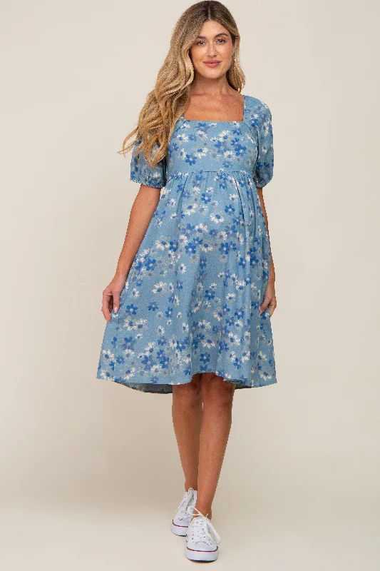 "Satin dresses for women for a luxurious appearance"Blue Floral Square Neck Denim Maternity Dress "Satin dresses for women for a luxurious appearance"Blue Floral Square Neck Denim Maternity Dress