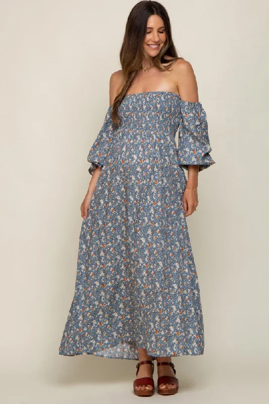 "Vintage - look women's dresses for a retro charm"Blue Floral Square Neck Smocked Long Sleeve Maternity Maxi Dress "Vintage - look women's dresses for a retro charm"Blue Floral Square Neck Smocked Long Sleeve Maternity Maxi Dress