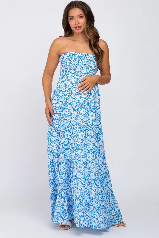 "Wrap dresses for women for an adjustable fit"Blue Floral Strapless Smocked Maternity Maxi Dress "Wrap dresses for women for an adjustable fit"Blue Floral Strapless Smocked Maternity Maxi Dress