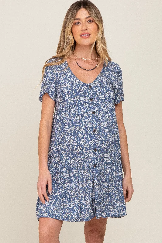 "Pleated dresses for women with a graceful movement"Blue Floral Tiered Button Accent Maternity Dress "Pleated dresses for women with a graceful movement"Blue Floral Tiered Button Accent Maternity Dress