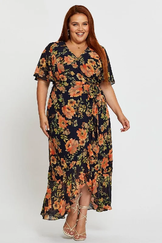 Midi dress for a beach vacation when paired with a swimsuit cover - upBlue Floral Print Midi Dress V-neck Short Sleeve