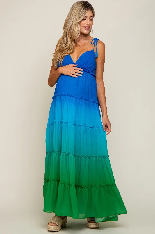 "Black dresses for women for a classic and timeless appearance"Blue Ombre Chiffon Shoulder Tie Tiered Maternity Maxi Dress "Black dresses for women for a classic and timeless appearance"Blue Ombre Chiffon Shoulder Tie Tiered Maternity Maxi Dress