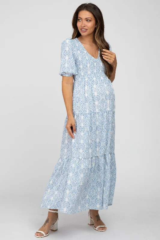 "Black dresses for women for a classic and timeless appearance"Blue Paisley Print Smocked Tiered Maternity Maxi Dress