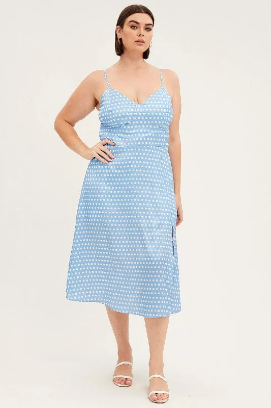 Backless midi dress for a sexy and glamorous appearanceBlue Polka Dot Midi Dress Strappy Front Split Satin