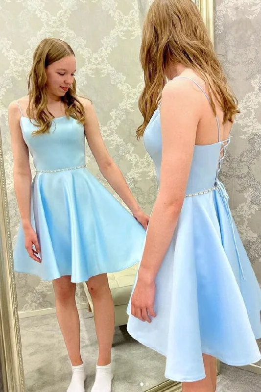High Low Hem Party Dresses with Sheer Panel for Ladies' Fashion Forward LookBlue Satin Beads Short Prom Dress Blue Homecoming Dress PD450 High Low Hem Party Dresses with Sheer Panel for Ladies' Fashion Forward LookBlue Satin Beads Short Prom Dress Blue Homecoming Dress PD450