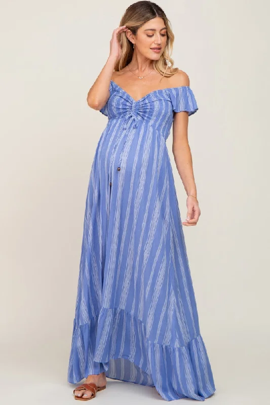 Clearance Sale: Women's Dresses Blue Striped Off Shoulder Front Tie Maternity Maxi Dress Clearance Sale: Women's Dresses Blue Striped Off Shoulder Front Tie Maternity Maxi Dress