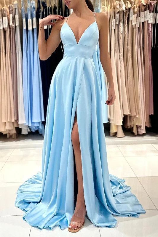 Beaded Party Dresses with Tulle Skirt for Ladies' Formal DancesBlue V-Neck Satin Long Prom Dress Simple A-Line Evening Dress PSK396 Beaded Party Dresses with Tulle Skirt for Ladies' Formal DancesBlue V-Neck Satin Long Prom Dress Simple A-Line Evening Dress PSK396