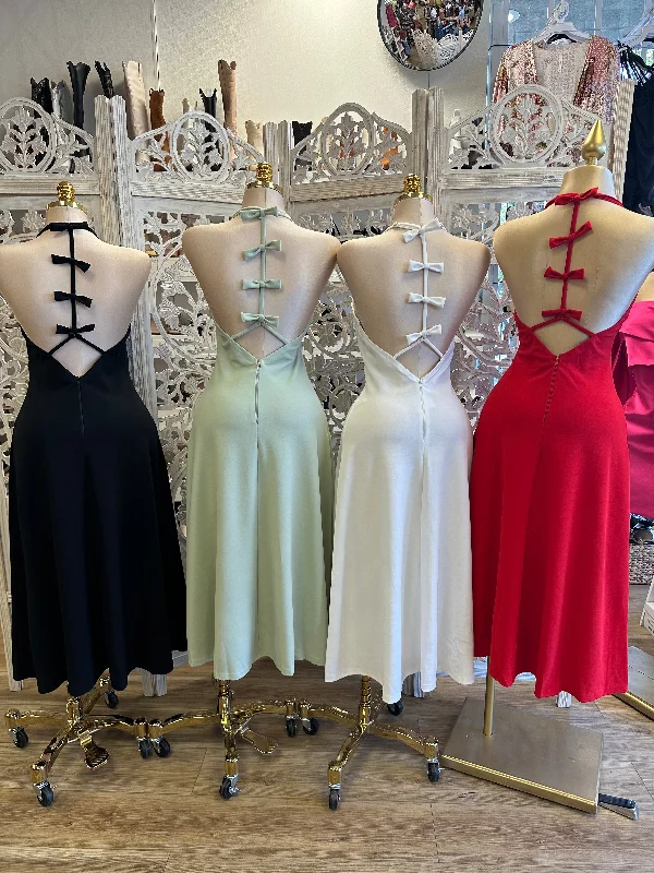 A - line satin midi dress for a formal and elegant occasionBow Back Lined Midi Dress- Stretchy