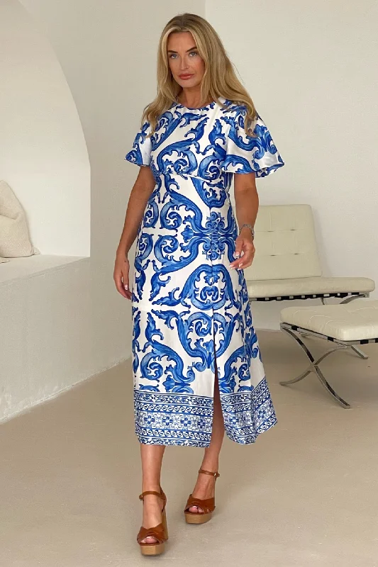 Square neck midi dress for a vintage - inspired charmBritney Blue Boarder Short Sleeve Split Leg Midi Dress